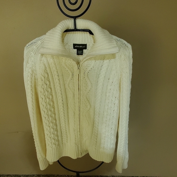 Eddie Bauer Heavy Knitted Cream/Winter White LS Zippered Sz M Cardigan Sweater - Picture 4 of 10